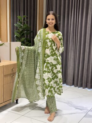 olive green floral printed