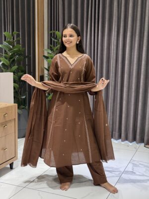 brown embroidered kurta set