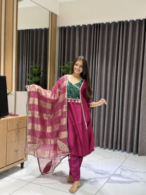 pure russian silk a line pattern heavy zari embroidery work