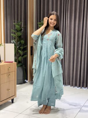 Sky Blue Flare Embroidery Mul Cotton