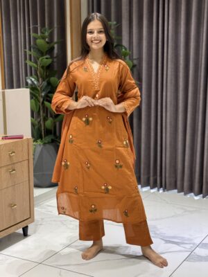 rust orange floral thread work