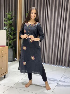 black hand embroidery cotton kurta