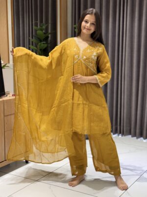 yellow kurta set featuring a v neckline